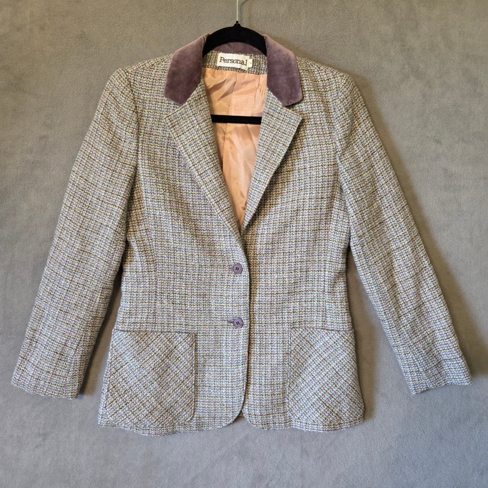 Personal Tweed Plaid Blazer Women's Size 6 Velvet Collar Twee Academia Office‎